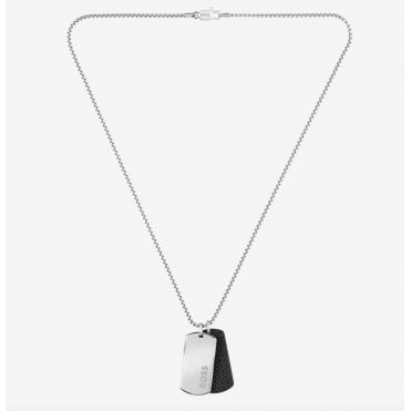 Devon Steel and Black Leather Dog Tag Necklace