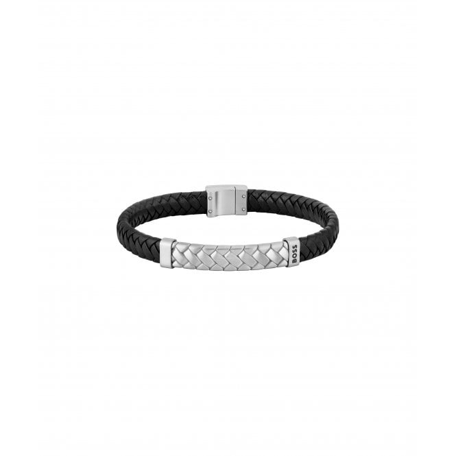 BOSS Herringbone Black Braided Leather and Steel Cuff