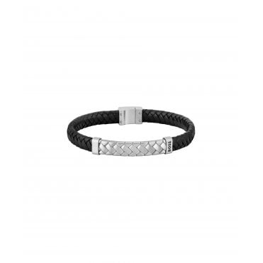 Herringbone Black Braided Leather and Steel Cuff
