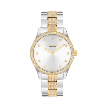 Brooks Crystal Yellow Gold Tone Plated & Stainless Steel 38mm Ladies Bracelet Watch