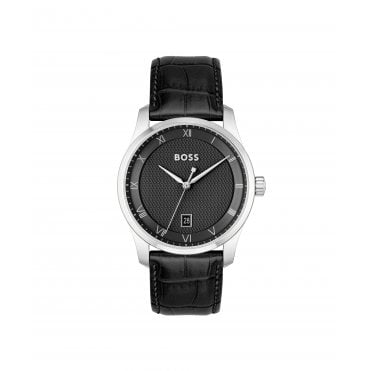 Gents BOSS Principle Black Leather Strap Watch