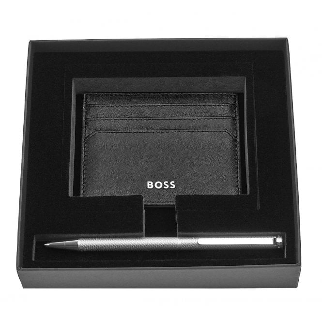 HUGO BOSS PENS Black & Silver Ballpoint Pen & Card Holder Set