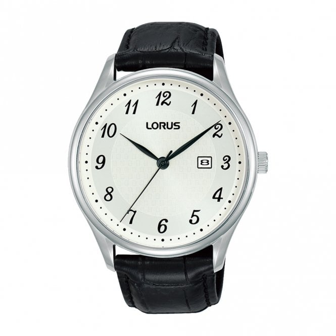 LORUS Men's Quartz White Dial Black Leather Strap Watch