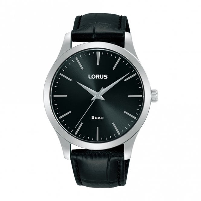 LORUS Men's Stainless Steel Quartz Black Leather Strap Watch