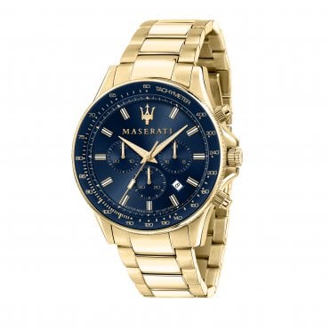 Maserati Men's Sfida 44mm Chronograph Blue Dial Yellow Gold Tone Bracelet Watch
