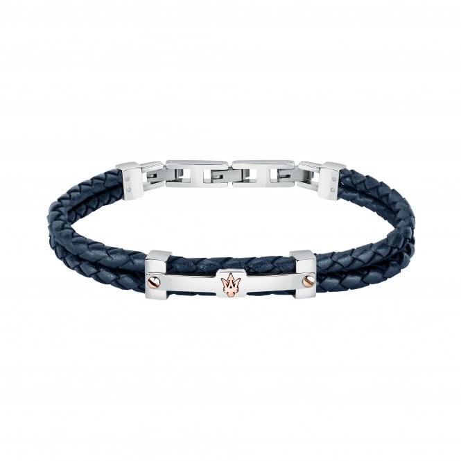 MASERATI Stainless Silver and Blue Double Braided Rope Bracelet