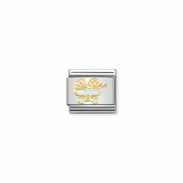 Classic Enamel & Yellow Gold Light Blue Baby Carriage Charm