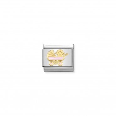 Classic Enamel & Yellow Gold Pink Baby Carriage Charm