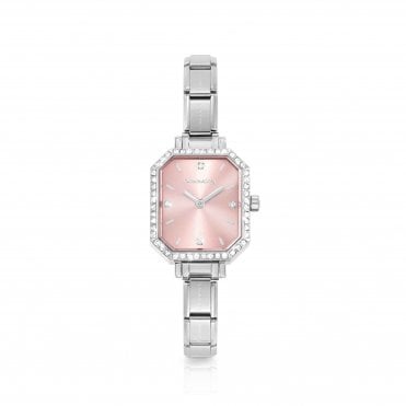 Classic Paris Sunray Pink Stainless Steel Watch with White Cubic Zirconia