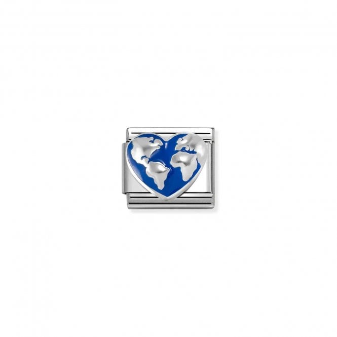 NOMINATION ITALY Classic Silver Blue World Map on Heart Charm