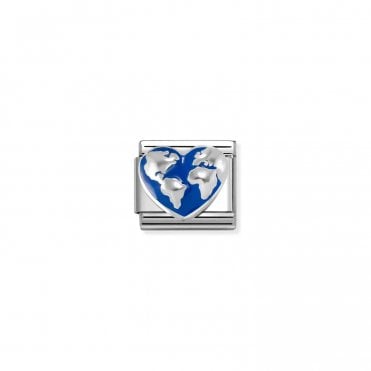 Classic Silver Blue World Map on Heart Charm