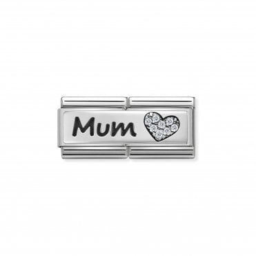 Classic Silver & CZ Mum Heart Double Charm