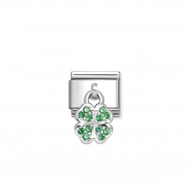 Classic Silver Dangle Green Four Leaf Clover Charm