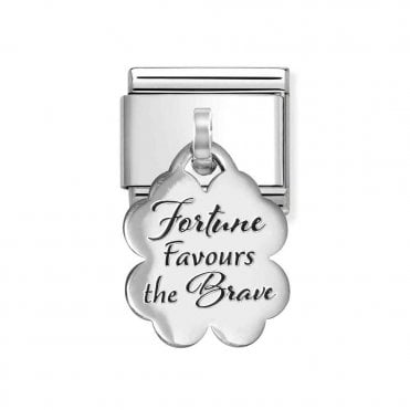 Classic Silver 'Fortune Favours the Brave' Four Leaf Clover Pendant Charm
