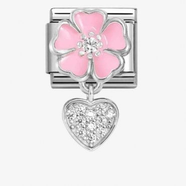Classic Silver Pink Flower Heart Drop Charm