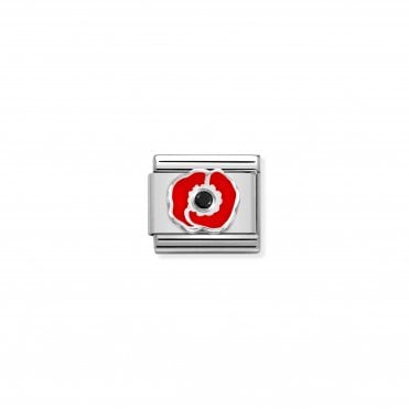 Classic Silver Red Poppy with Black CZ Charm