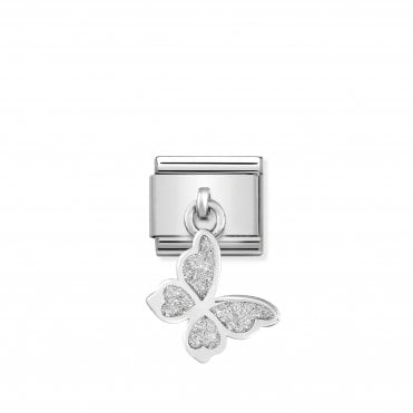 Classic Silver & White Glitter Butterfly Drop Charm