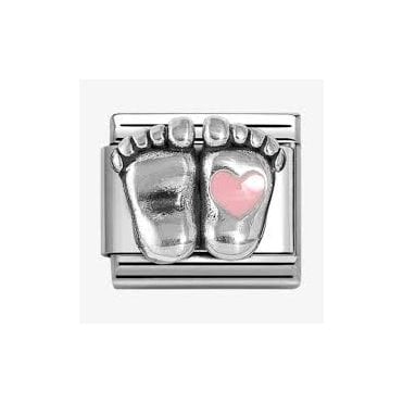 Classic Silvershine Baby Feet With Pink Heart Charm