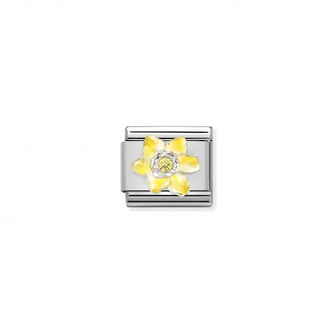 NOMINATION ITALY Classic Silvershine Daffodil Enamel Flower with Yellow CZ Charm.