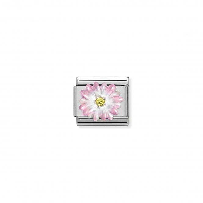NOMINATION ITALY Classic Silvershine Pink Enamel Flower with Yellow CZ Charm.