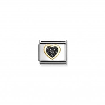 Classic Yellow Gold Black Glitter Heart Charm