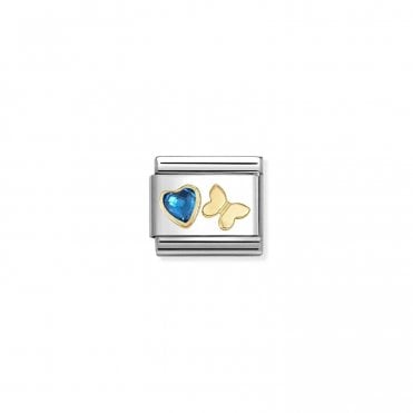 Classic Yellow Gold Blue CZ Heart with Butterfly Charm