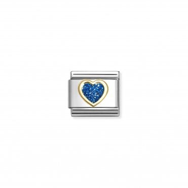 Classic Yellow Gold Blue Glitter Heart Charm