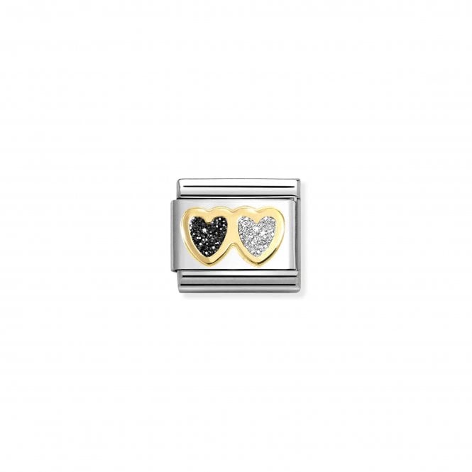 NOMINATION ITALY Classic Yellow Gold Double Black and Silver Glitter Heart Charm