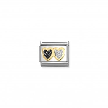 Classic Yellow Gold Double Black and Silver Glitter Heart Charm