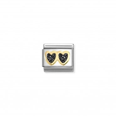 Classic Yellow Gold Double Black Glitter Heart Charm