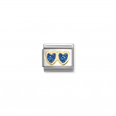Classic Yellow Gold Double Blue Glitter Heart Charm
