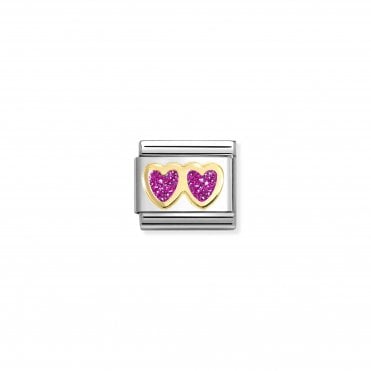 Classic Yellow Gold Double Fuschia Glitter Heart Charm
