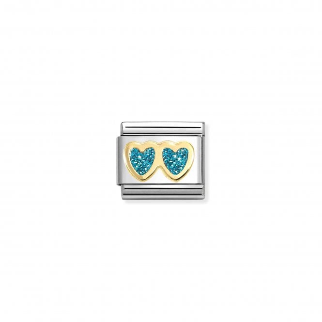 NOMINATION ITALY Classic Yellow Gold Double Light Blue Glitter Heart Charm