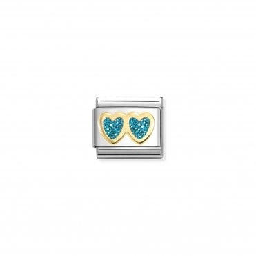 Classic Yellow Gold Double Light Blue Glitter Heart Charm