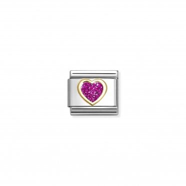Classic Yellow Gold Fuschia Glitter Heart Charm