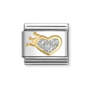 Classic Yellow Gold Glitter Heart with Crown Charm