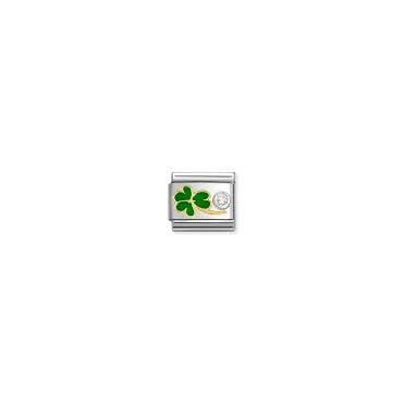 Classic Yellow Gold Green Clover with Silver CZ Charm