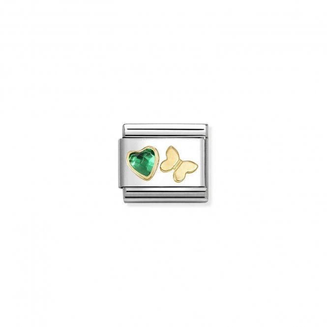 NOMINATION ITALY Classic Yellow Gold Green CZ Heart with Butterfly Charm