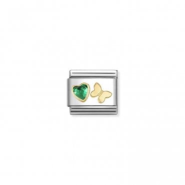 Classic Yellow Gold Green CZ Heart with Butterfly Charm