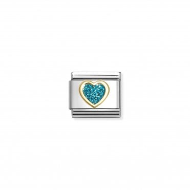 Classic Yellow Gold Light Blue Glitter Heart Charm