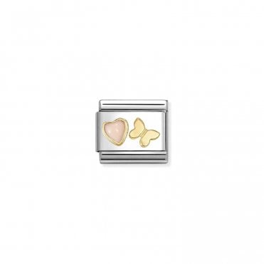 Classic Yellow Gold Pink Coral Heart with Butterfly Charm