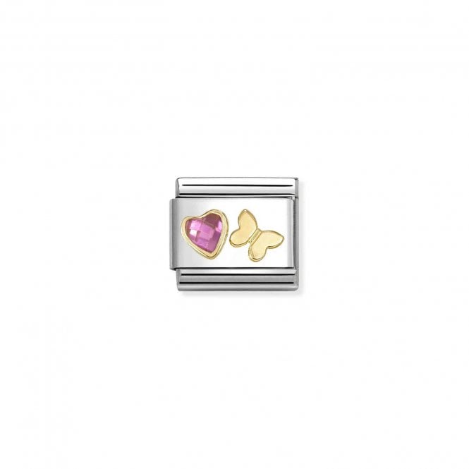 NOMINATION ITALY Classic Yellow Gold Pink CZ Heart with Butterfly Charm