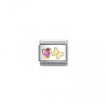 Classic Yellow Gold Pink CZ Heart with Butterfly Charm