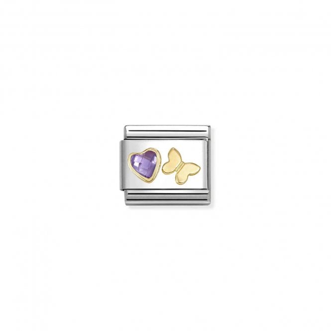 NOMINATION ITALY Classic Yellow Gold Purple CZ Heart with Butterfly Charm