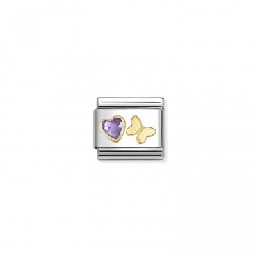 Classic Yellow Gold Purple CZ Heart with Butterfly Charm