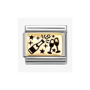 Classic Yellow Gold PVD & Black Enamel Champagne Glasses Charm