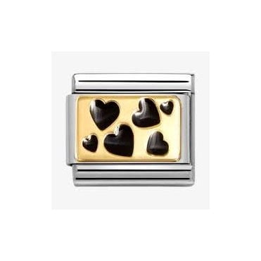 Classic Yellow Gold PVD Black Hearts Plaque Enamel Charm