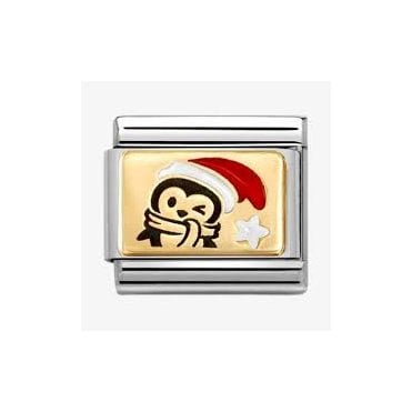 Classic Yellow Gold PVD Black, Red & White Enamel Penguin With Santa Hat Charm