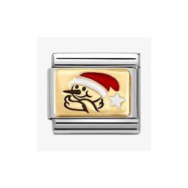 Classic Yellow Gold PVD Black, Red & White Enamel Snowman With Santa Hat Charm