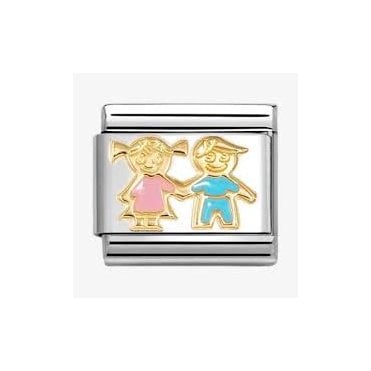 Classic Yellow Gold PVD Pink & Blue Enamel Sister & Brother Charm
